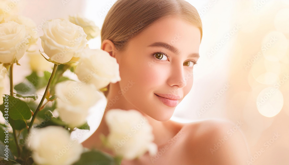 Beautiful caucasian woman with hazel eyes adorned with white roses set against bokeh background highlights her natural beauty and elegance, making it ideal for use in advertising, magazines, and promo Beautiful caucasian woman with hazel eyes adorned with white roses set against bokeh background highlights her natural beauty and elegance, making it ideal for use in advertising, magazines, and promo