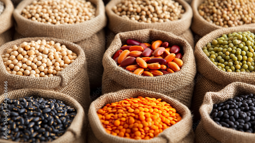 Several burlap sacks filled with various colorful beans and legumes, arranged neatly in a display, showcasing a variety of textures and colors. Several burlap sacks filled with various colorful beans and legumes, arranged neatly in a display, showcasing a variety of textures and colors.