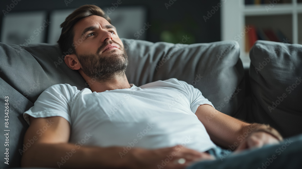 Man with a beard lies on a grey couch, looking thoughtful and relaxed, in a dimly lit, cozy living room setting. Man with a beard lies on a grey couch, looking thoughtful and relaxed, in a dimly lit, cozy living room setting.