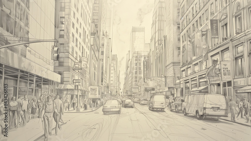 drawing of a city street with a lot of people walking and cars © Aminul
