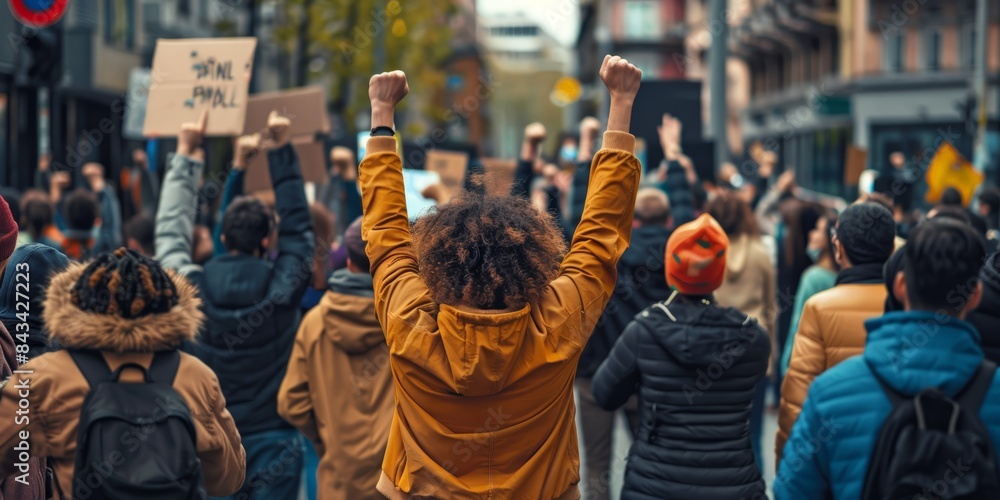 Obraz premium A large group of protestors march through an urban area, raising their fists in the air