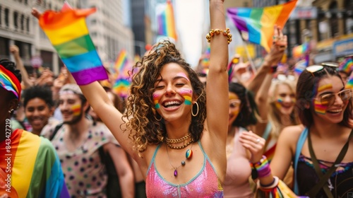 Diverse Group Celebrating at Pride Parade with Joyful Expressions and Colorful Rainbow Flags