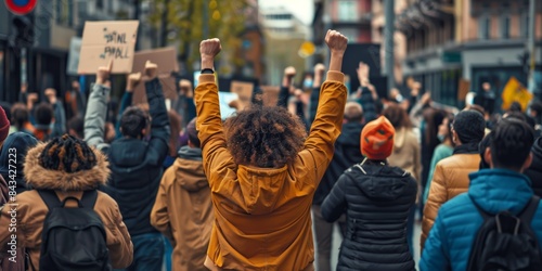 A large group of protestors march through an urban area  raising their fists in the air