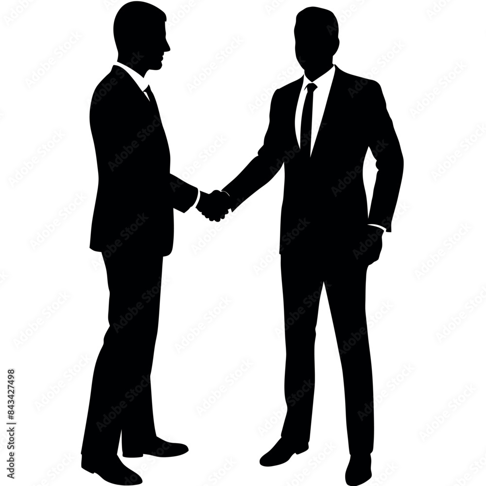 2 business man, standing with shoes, Hand shaking with their right hand, Vector silhouette white background 2 business man, standing with shoes, Hand shaking with their right hand, Vector silhouette white background