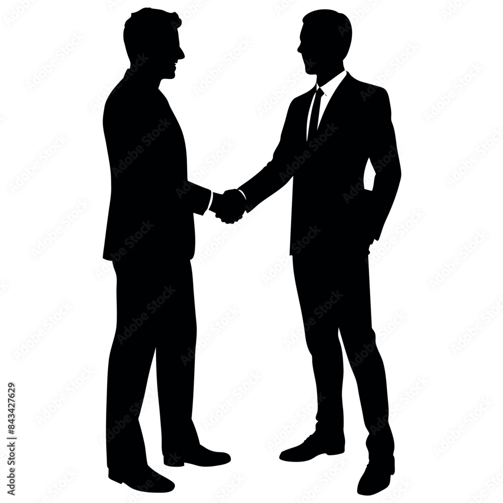 2 business man, standing with shoes, Hand shaking with their right hand, Vector silhouette white background