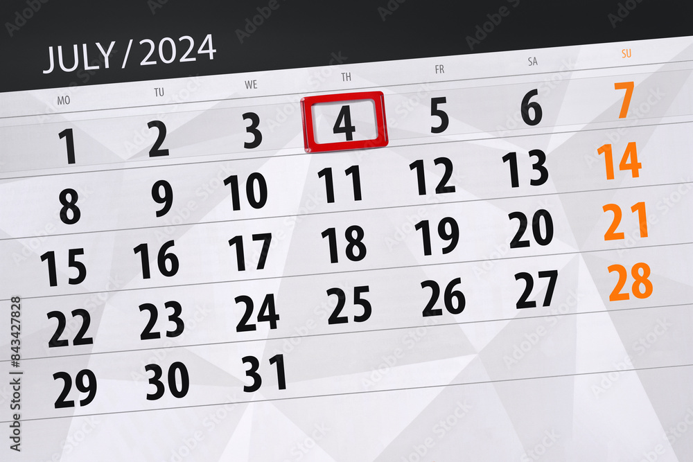 Obraz premium Calendar 2024, deadline, day, month, page, organizer, date, July, thursday, number 4
