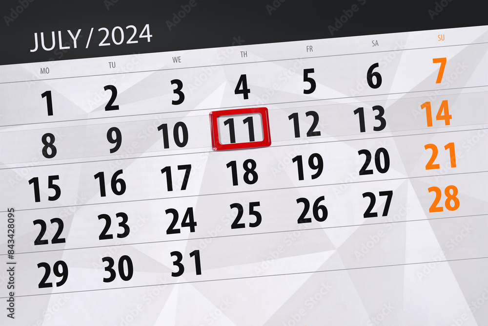 Fototapeta premium Calendar 2024, deadline, day, month, page, organizer, date, July, thursday, number 11