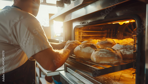 Professional baker taking out freshly baked hot bread from oven in small bakery photo