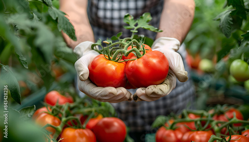 Closeup of ripe red tomatoes harvested by hands of male farmer in greenhouse © Oleksiy