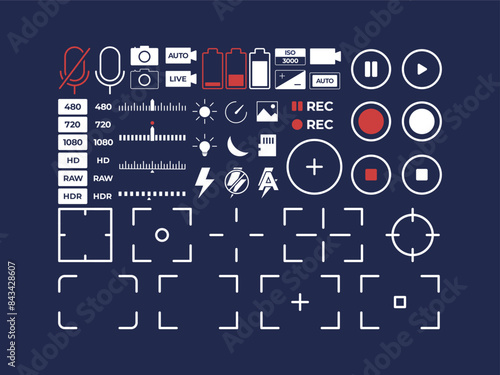 set camera icon microphone battery timer flash rec spot metering shutter take photo user interface symbol