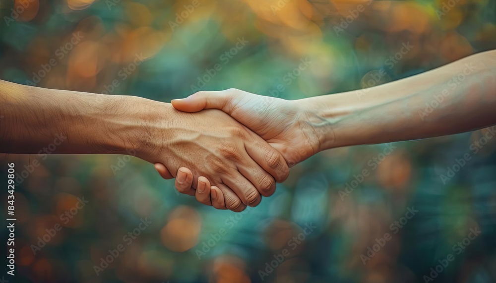 Close-up of two people shaking hands with blurred nature background, symbolizing agreement, partnership, and mutual understanding Close-up of two people shaking hands with blurred nature background, symbolizing agreement, partnership, and mutual understanding