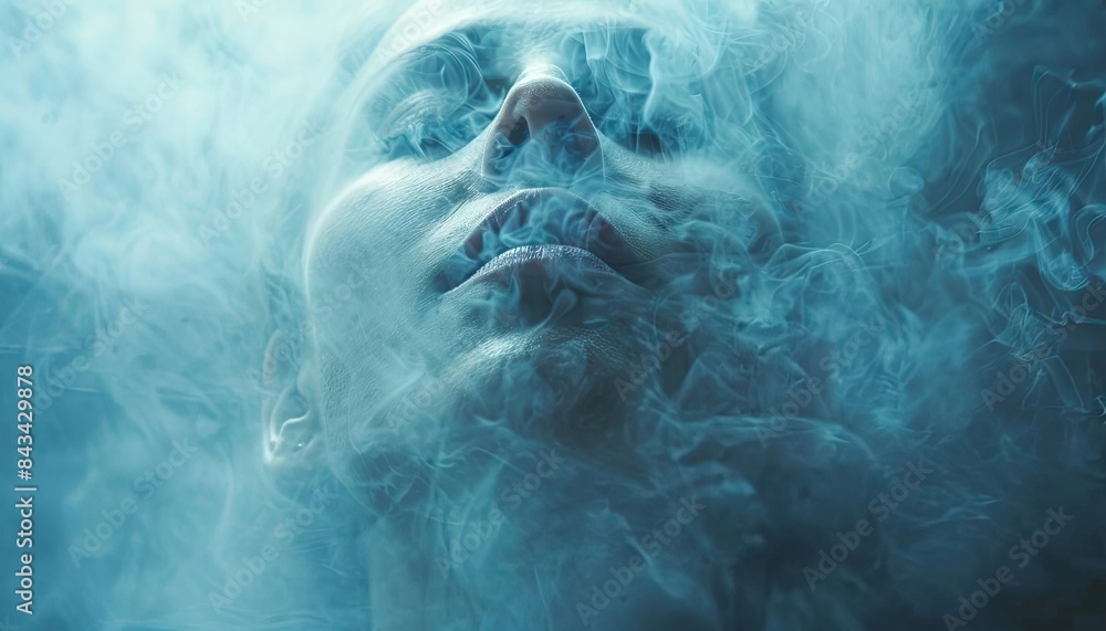 Dramatic close-up portrait of a person enveloped in smoke, evoking a sense of mystery and ethereal atmosphere Dramatic close-up portrait of a person enveloped in smoke, evoking a sense of mystery and ethereal atmosphere