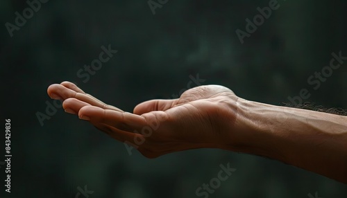 Close-up of a human hand extended against a dark background, symbolizing help, support, and openness © Katawut