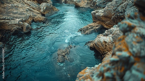 Sharp picture at full hd level high angle photo of river, blue water, rocks on both sides, film grain, cinematic, natural light, muted colors. The photo has a cinematic quality and is taken from a photo