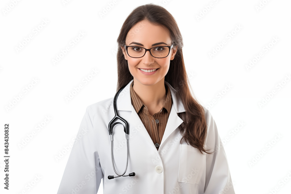 Smiling white woman doctor on white background. Woman doctor. World of Medicine. Personal care profession. Medical studies. European doctor. French. America. Images for graphic designers. AI. Smiling white woman doctor on white background. Woman doctor. World of Medicine. Personal care profession. Medical studies. European doctor. French. America. Images for graphic designers. AI.