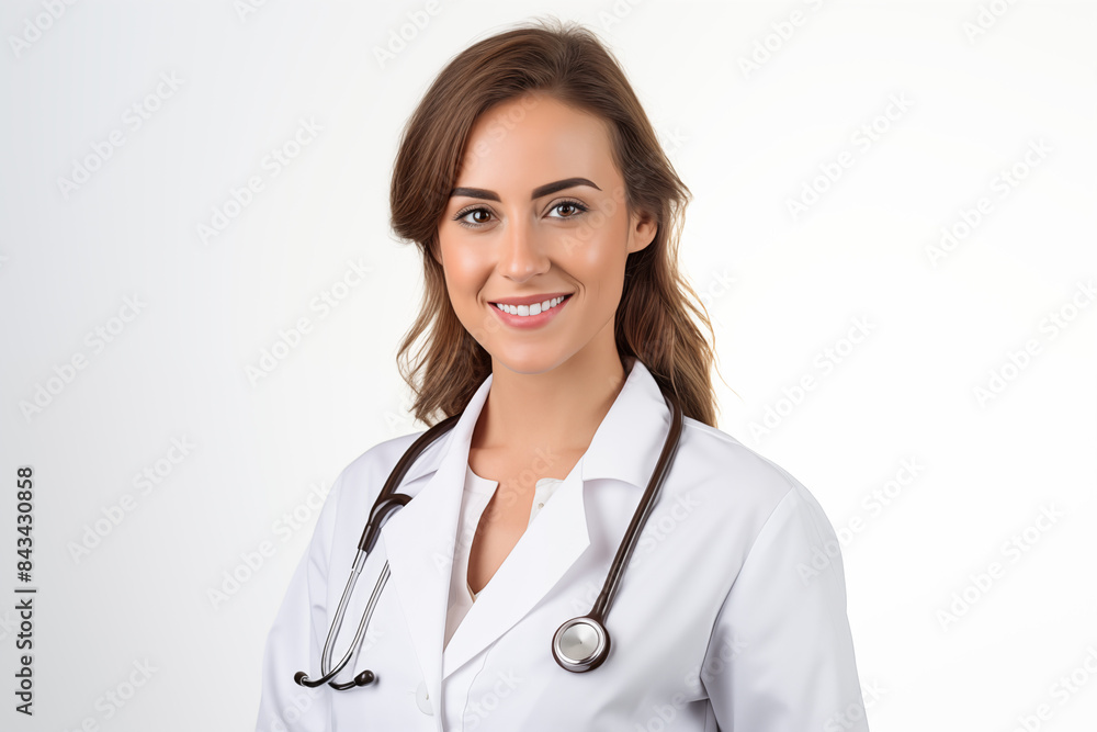 Smiling white woman doctor on white background. Woman doctor. World of Medicine. Personal care profession. Medical studies. European doctor. French. America. Images for graphic designers. AI. Smiling white woman doctor on white background. Woman doctor. World of Medicine. Personal care profession. Medical studies. European doctor. French. America. Images for graphic designers. AI.