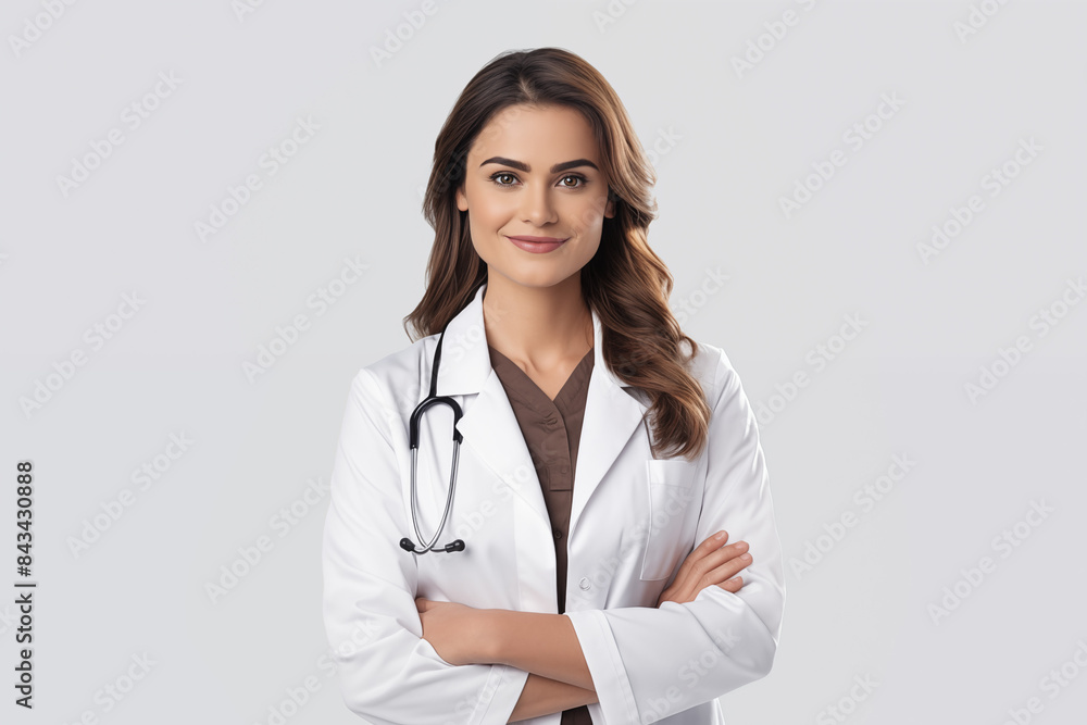 Smiling white woman doctor on white background. Woman doctor. World of Medicine. Personal care profession. Medical studies. European doctor. French. America. Images for graphic designers. AI. Smiling white woman doctor on white background. Woman doctor. World of Medicine. Personal care profession. Medical studies. European doctor. French. America. Images for graphic designers. AI.