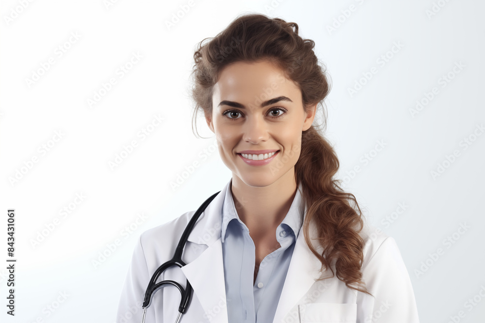 Smiling white woman doctor on white background. Woman doctor. World of Medicine. Personal care profession. Medical studies. European doctor. French. America. Images for graphic designers. AI. Smiling white woman doctor on white background. Woman doctor. World of Medicine. Personal care profession. Medical studies. European doctor. French. America. Images for graphic designers. AI.