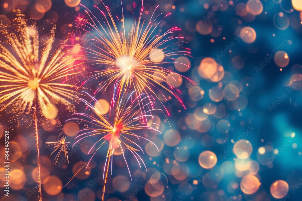 Fototapeta premium Vibrant fireworks bursting in the night sky, creating a colorful and festive atmosphere with bright lights and sparkling effects.