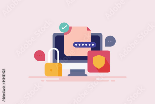 Document protected by password encryption technology, data privacy access control internet protocol conceptual vector illustration.