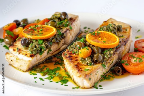 Mediterranean Inspired Baked Swordfish with Tapenade and Orange