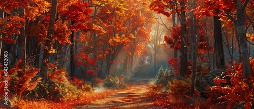This is a three-dimensional rendering of a maple forest scene that makes a perfect backdrop for autumn products. photo