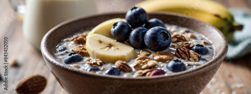 Hearty oat porridge with banana, blueberry, walnut, chia seeds, and almond milk-a tasty and nutritious meal choice. photo