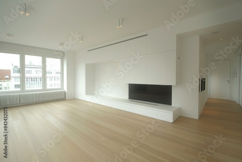 A spacious and modern living room with a fireplace and large windows offering city views