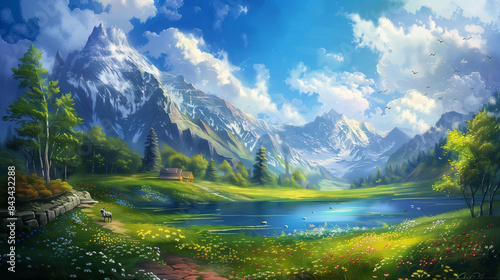  In the serene landscape, a tranquil lake reflects the azure sky above, its surface gently rippled by a soft breeze. 