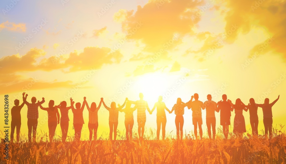 Embracing Friendship: A Joyful Group Standing Together, Hands Raised in Unity against a Majestic Sun Embracing Friendship: A Joyful Group Standing Together, Hands Raised in Unity against a Majestic Sun