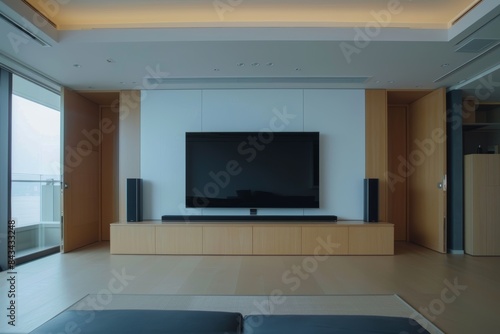 A spacious modern living room with a large flat screen television mounted on a wall above a wooden entertainment center with a sound system