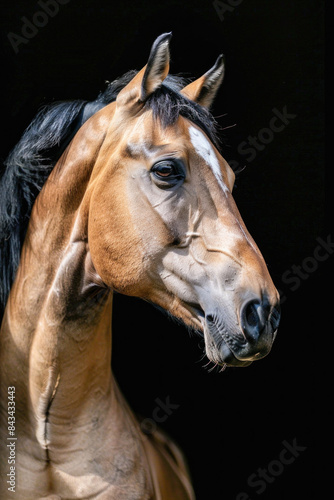 An intricate closeup image featuring the head of a brown horse in front of a dark background