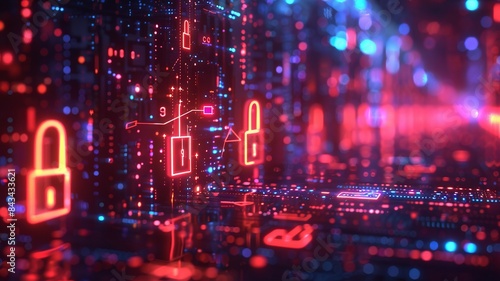 Neon-lit cyberspace unlock secrets in a vibrant digital mesh