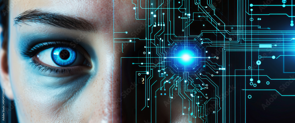 Future woman portrait inside electronic cyberspace digital technology communication concept Future woman portrait inside electronic cyberspace digital technology communication concept