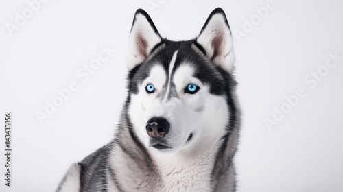 Portrait of a Siberian Husky with striking blue eyes against a white background, showcasing its beautiful fur and alert expression.