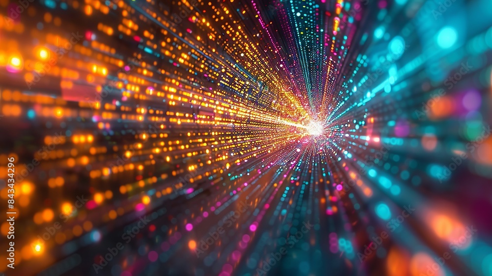 Streaming code races through a canvas splashed with vibrant digital hues Streaming code races through a canvas splashed with vibrant digital hues