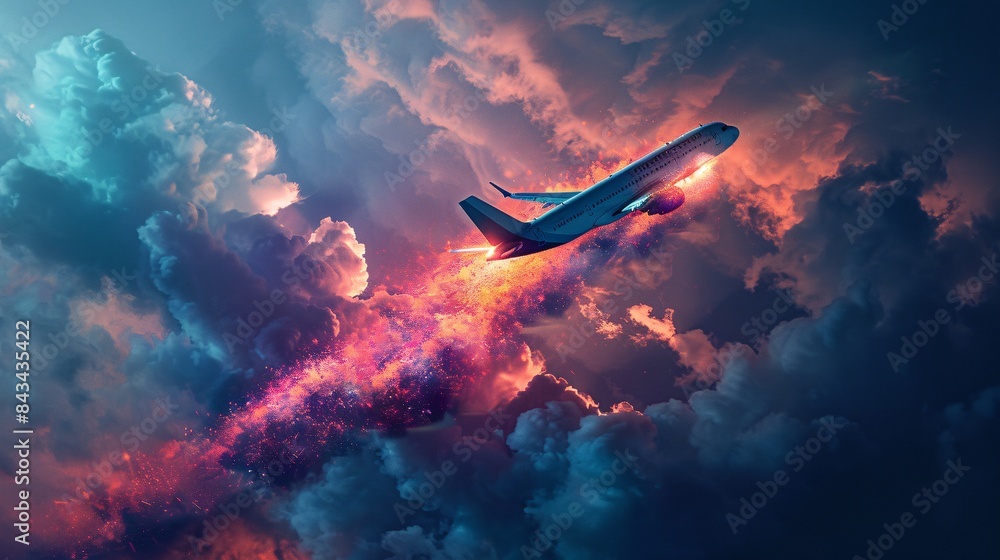 airplane flying through the sky It leaves a beautiful trail of colorful smoke and particles. Inspired by dynamic style. airplane flying through the sky It leaves a beautiful trail of colorful smoke and particles. Inspired by dynamic style.