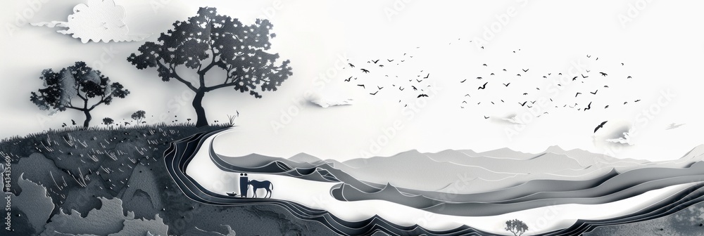 Fototapeta premium Delicate paper-cut scenes feature a snowy forest and fir trees, symbolizing New Year and Merry Christmas with their tranquil atmosphere and festive allure, banner