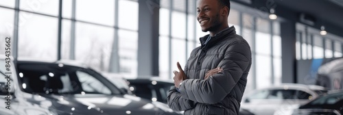 A delighted man grins beside his new car at the dealership, his eyes shining with joy and excitement, embracing the beginning of unforgettable experiences on the road ahead photo