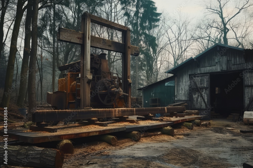 Sawmill, sawmill buildings with equipment with logs in the forest