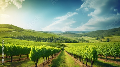 Wallpaper Mural Scenic vineyard landscape with rows of grapevines under a blue sky, perfect for winemaking and agricultural themes. Torontodigital.ca
