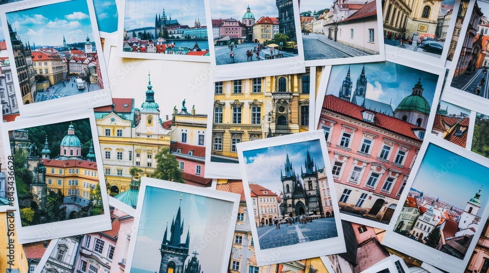 Obraz premium A collection of postcards featuring various cities and buildings