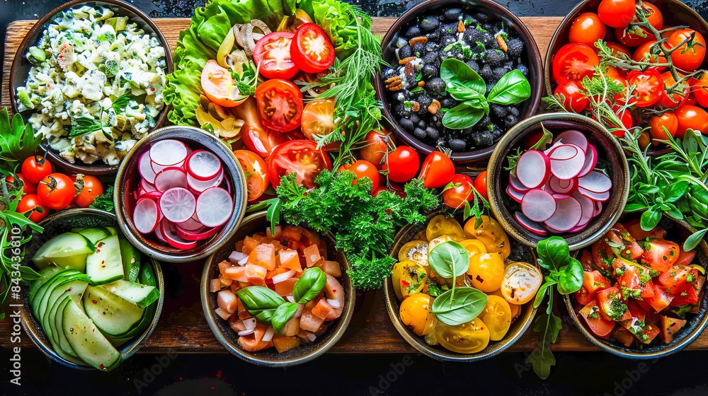 Variety of colorful salads with fresh vegetables and greens on wooden cutting board on dark background Variety of colorful salads with fresh vegetables and greens on wooden cutting board on dark background