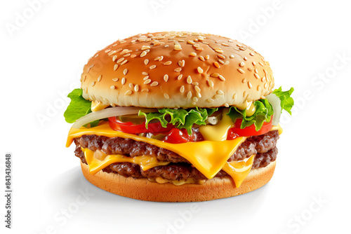 Double cheeseburger with lettuce, tomato, and onion on a sesame seed bun