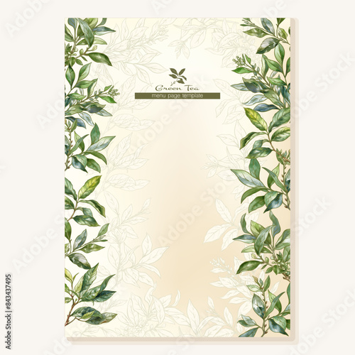 Green tea branch with leaves Border, frame, template for menu page, product label, cosmetic packaging. Vector illustration. In botanical style
