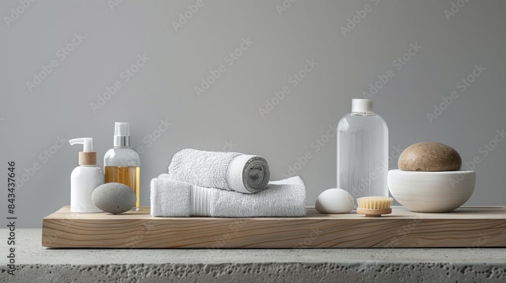 Elegant spa setup featuring neatly folded white towels, clear pump bottles, and delicate flowers, creating a serene and inviting atmosphere. Elegant spa setup featuring neatly folded white towels, clear pump bottles, and delicate flowers, creating a serene and inviting atmosphere.