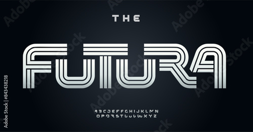 Bold techno typeface, heavy geometric letters in lines style with metal effect, sleek modern logo, sci-fi digital typography, retro-futuristic design, cosmic futurism aesthetic. Vector typeset.