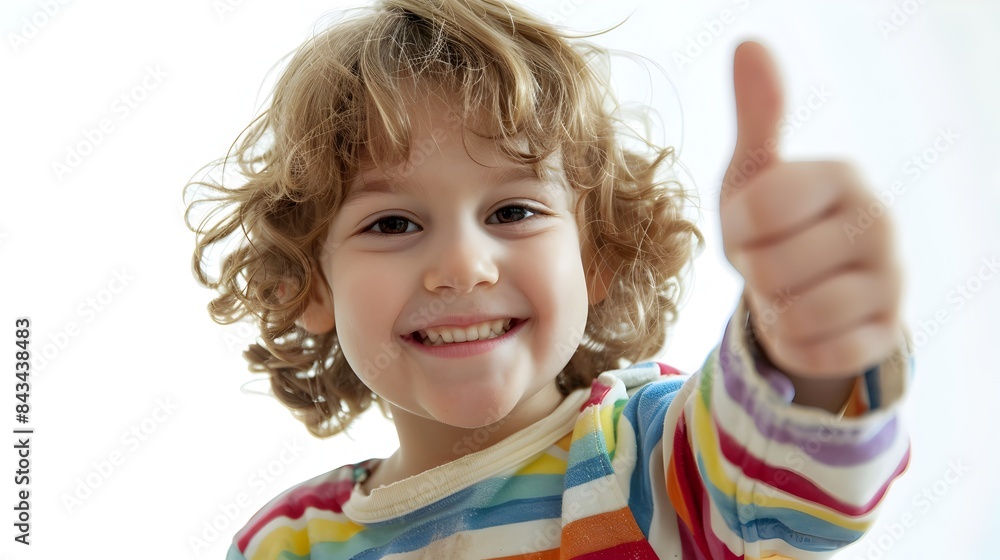Cheerful Child Giving Thumbs Up with Vibrant Colors on White Cheerful Child Giving Thumbs Up with Vibrant Colors on White