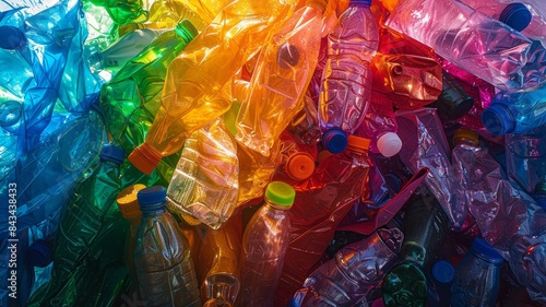 Mulch-colored plastic waste shines under a neon light spectrum photo