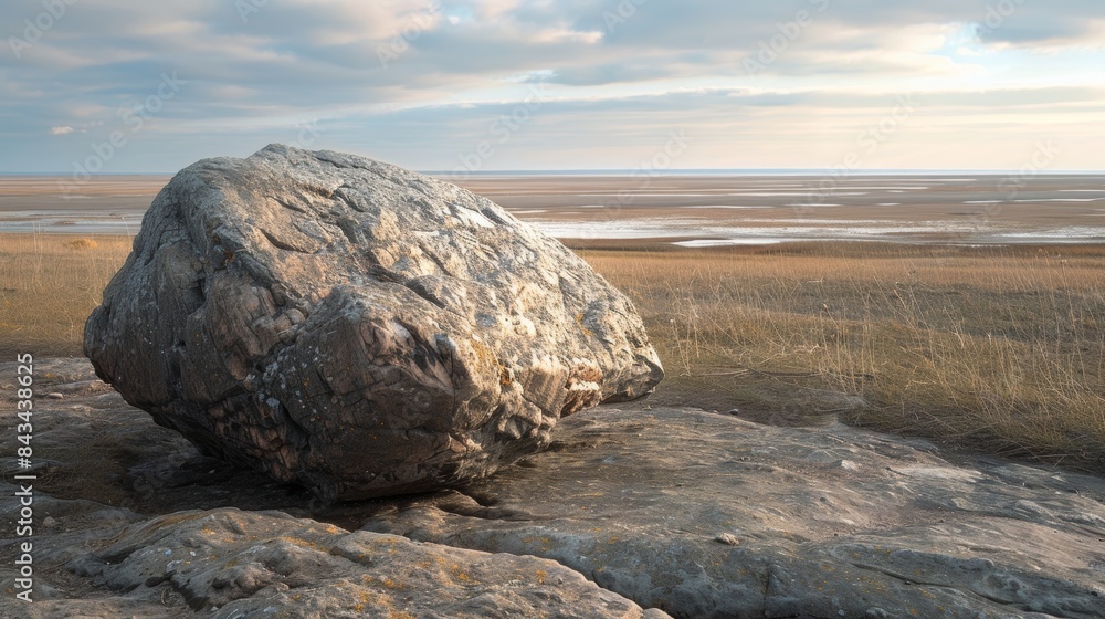 Obraz premium A solitary boulder perched on the edge of a vast empty expanse a stoic witness to the ebb and flow of time.